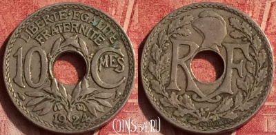 Франция 10 сантимов 1924 года, KM# 866a, 368o-081