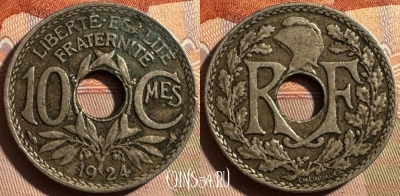 Франция 10 сантимов 1924 года, KM# 866a, 398s-020