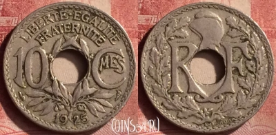 Франция 10 сантимов 1925 года, KM# 866a, 104m-117