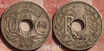 Франция 10 сантимов 1925 года, KM# 866a, 192l-132