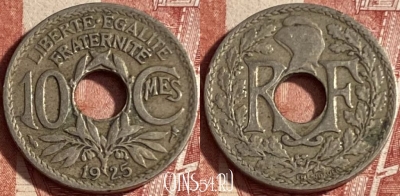 Франция 10 сантимов 1925 года, KM# 866a, 222p-137