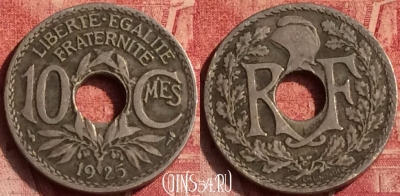 Франция 10 сантимов 1925 года, KM# 866a, 372o-053