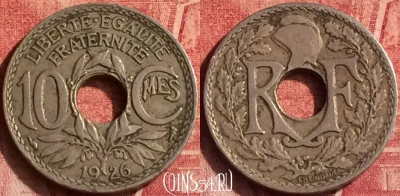 Франция 10 сантимов 1926 года, KM# 866a, 371o-144