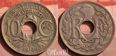 Франция 10 сантимов 1926 года, KM# 866a, 393o-017