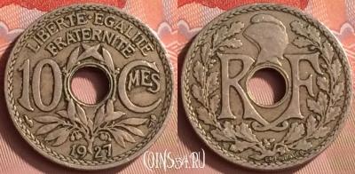 Франция 10 сантимов 1927 года, KM# 866a, 152m-020