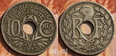 Франция 10 сантимов 1927 года, KM# 866a, 280s-100 ♛