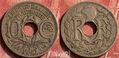 Франция 10 сантимов 1927 года, KM# 866a, 369o-015