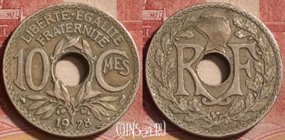 Франция 10 сантимов 1928 года, KM# 866a, 175l-144