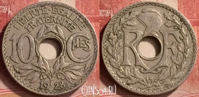 Франция 10 сантимов 1928 года, KM# 866a, 196m-084