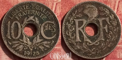Франция 10 сантимов 1928 года, KM# 866a, 372o-038