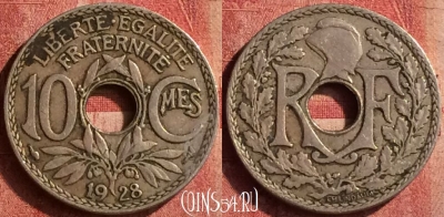 Франция 10 сантимов 1928 года, KM# 866a, 401-044
