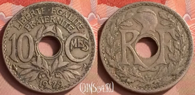 Франция 10 сантимов 1929 года, KM# 866a, 152m-058