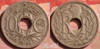 Франция 10 сантимов 1929 года, KM# 866a, 392o-143