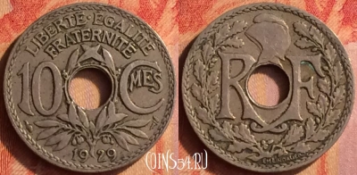 Франция 10 сантимов 1929 года, KM# 866a, 440o-052