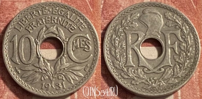 Франция 10 сантимов 1931 года, KM# 866a, 068p-015
