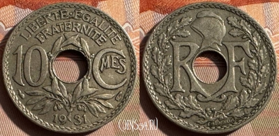 Франция 10 сантимов 1931 года, KM# 866a, 324s-080 ♛