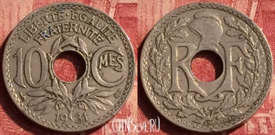 Франция 10 сантимов 1931 года, KM# 866a, 348o-139