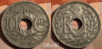 Франция 10 сантимов 1931 года, KM# 866a, 372s-085