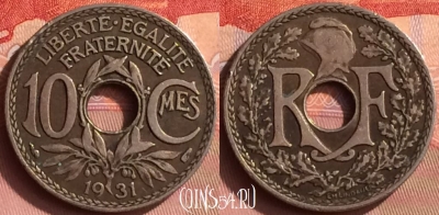 Франция 10 сантимов 1931 года, KM# 866a, 395o-010