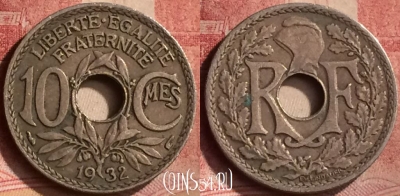 Франция 10 сантимов 1932 года, KM# 866a, 142m-061