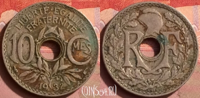 Франция 10 сантимов 1932 года, KM# 866a, 393o-009