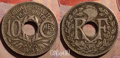 Франция 10 сантимов 1934 года, KM# 866a, 195b-095