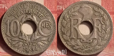 Франция 10 сантимов 1934 года, KM# 866a, 195m-014
