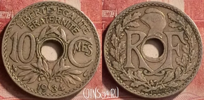 Франция 10 сантимов 1934 года, KM# 866a, 196m-088