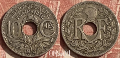 Франция 10 сантимов 1934 года, KM# 866a, 280p-060
