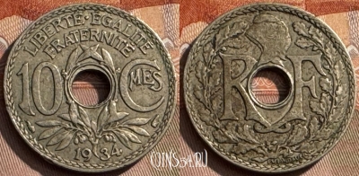 Франция 10 сантимов 1934 года, KM# 866a, 310s-114