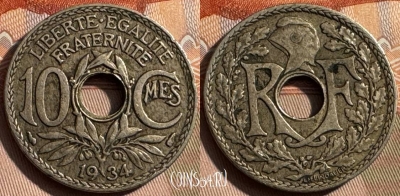 Франция 10 сантимов 1934 года, KM# 866a, 338s-056