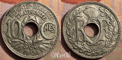 Франция 10 сантимов 1934 года, KM# 866a, 345s-011