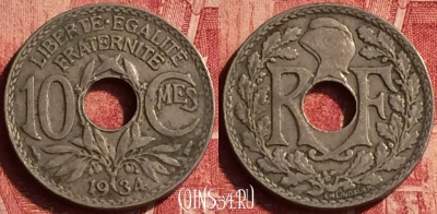 Франция 10 сантимов 1934 года, KM# 866a, 348o-122