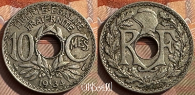 Франция 10 сантимов 1934 года, KM# 866a, 384s-009