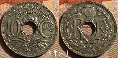 Франция 10 сантимов 1934 года, KM# 866a, 399s-020