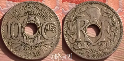 Франция 10 сантимов 1935 года, KM# 866a, 154m-141