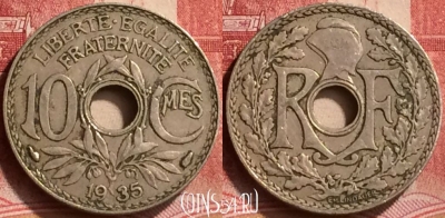 Франция 10 сантимов 1935 года, KM# 866a, 176m-091