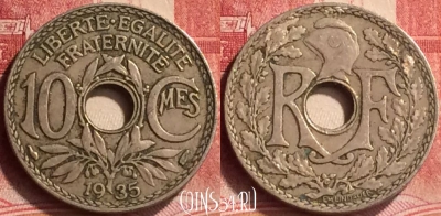 Франция 10 сантимов 1935 года, KM# 866a, 180m-016