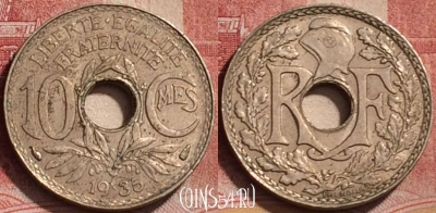 Франция 10 сантимов 1935 года, KM# 866a, 182l-100