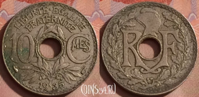 Франция 10 сантимов 1935 года, KM# 866a, 256k-012