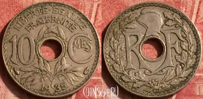 Франция 10 сантимов 1935 года, KM# 866a, 372o-016
