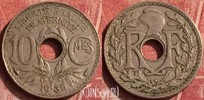 Франция 10 сантимов 1935 года, KM# 866a, 372o-108