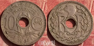 Франция 10 сантимов 1935 года, KM# 866a, 373o-049