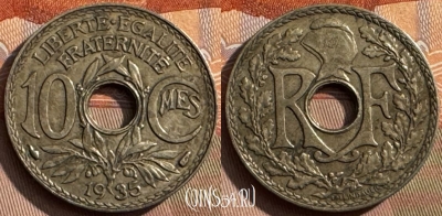 Франция 10 сантимов 1935 года, KM# 866a, 383s-053