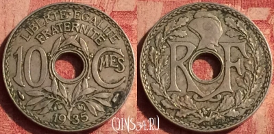 Франция 10 сантимов 1935 года, KM# 866a, 392o-012