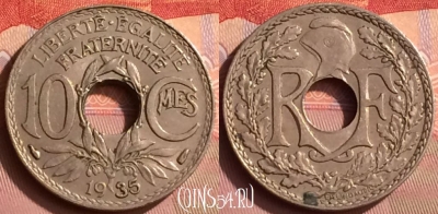 Франция 10 сантимов 1935 года, KM# 866a, 393o-032