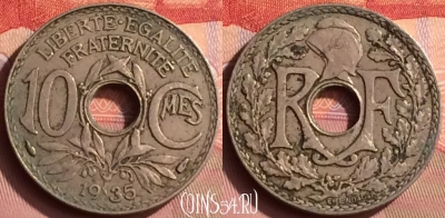 Франция 10 сантимов 1935 года, KM# 866a, 393o-038