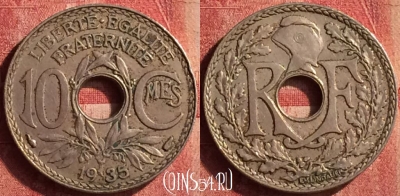 Франция 10 сантимов 1935 года, KM# 866a, 400-112