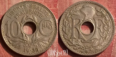 Франция 10 сантимов 1935 года, KM# 866a, 406-029 ♛