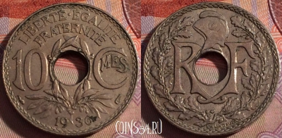 Франция 10 сантимов 1936 года, KM# 866a, 140b-060